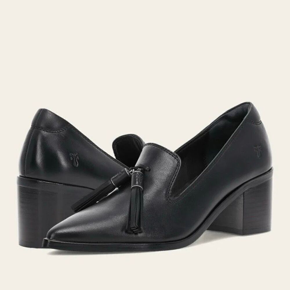 NWT Frye Suede Leather Sadie Venetian Tassel Block Heel Loafers Black Size 11M